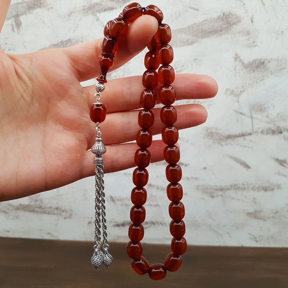 Gümüş Püskül Kahve Faturan Sıkma Kehribar Tesbih