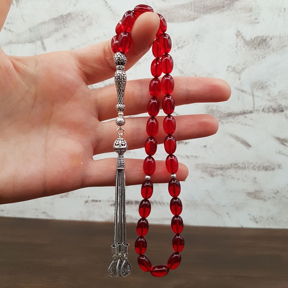 Gümüş İmame Tasarım Kırmızı Ateş Kehribar Tesbih