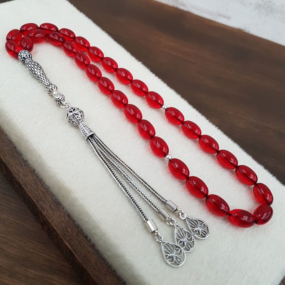 Gümüş İmame Tasarım Kırmızı Ateş Kehribar Tesbih