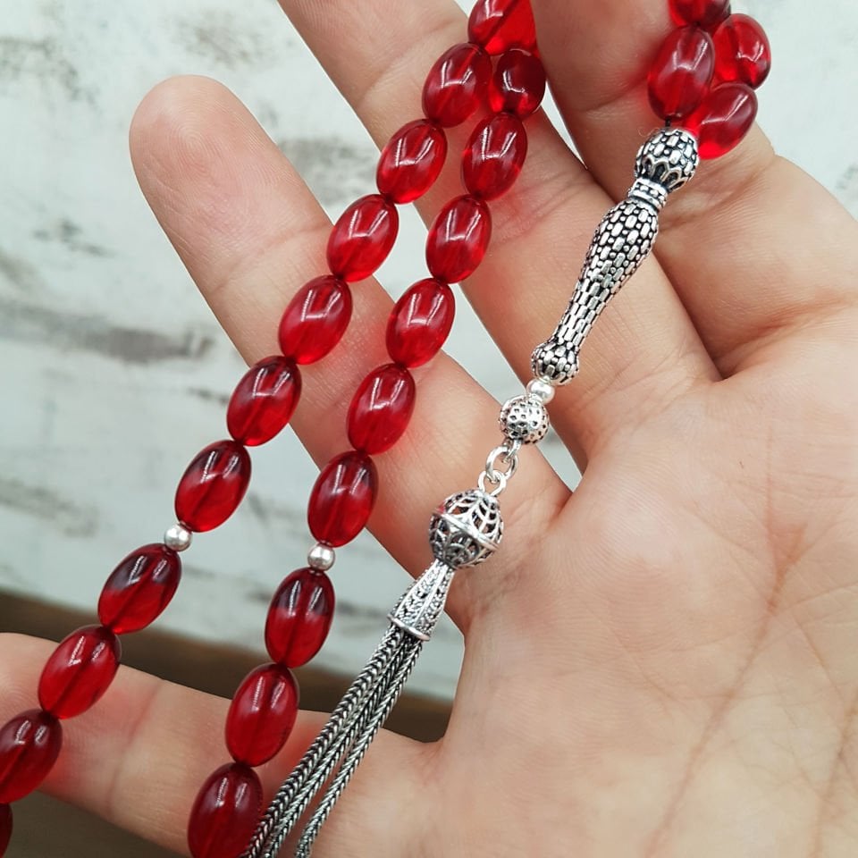 Gümüş İmame Tasarım Kırmızı Ateş Kehribar Tesbih