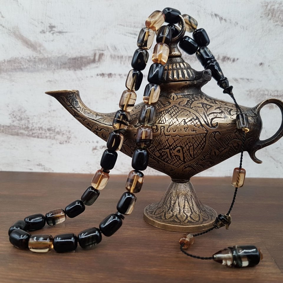 Usta İmzalı Siyah Hareli Ateş Kehribar Tesbih