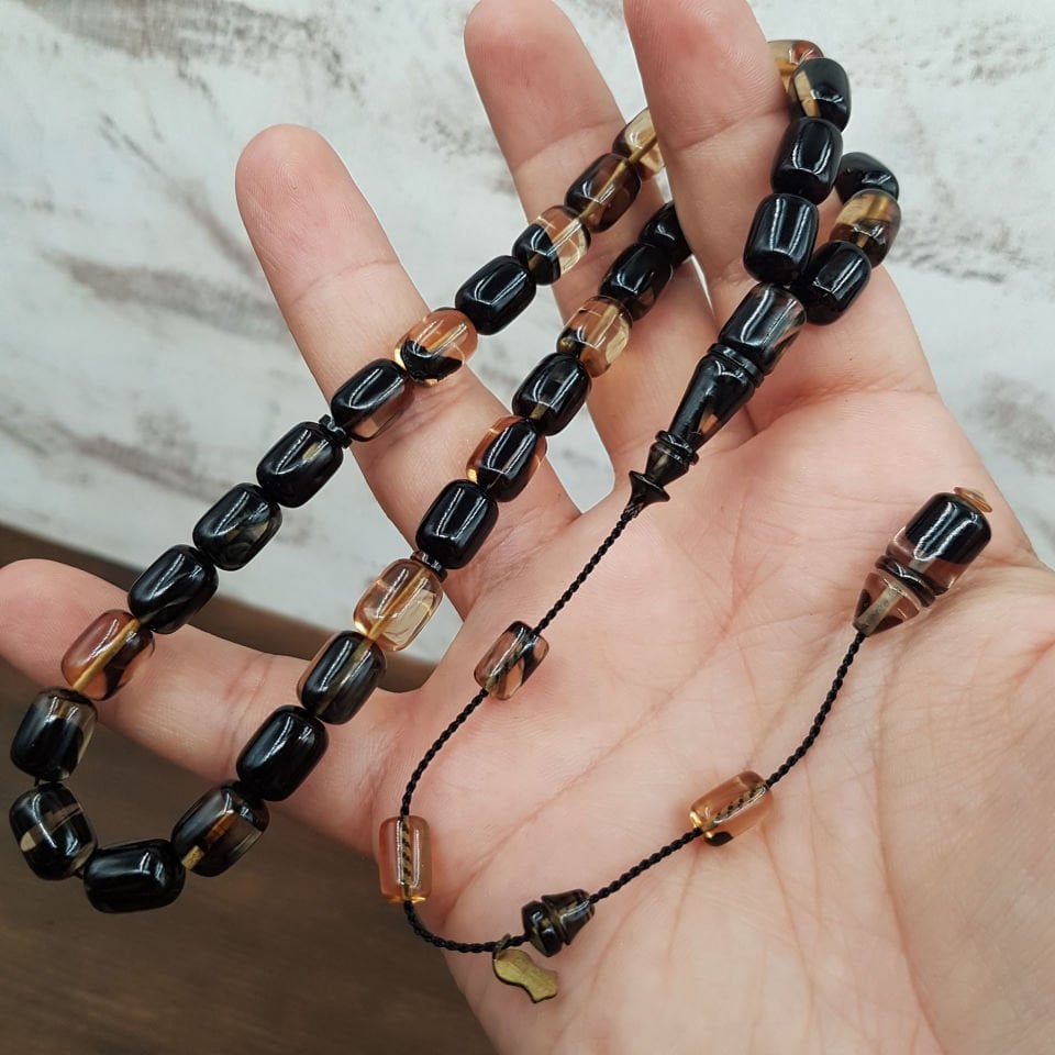 Usta İmzalı Siyah Hareli Ateş Kehribar Tesbih