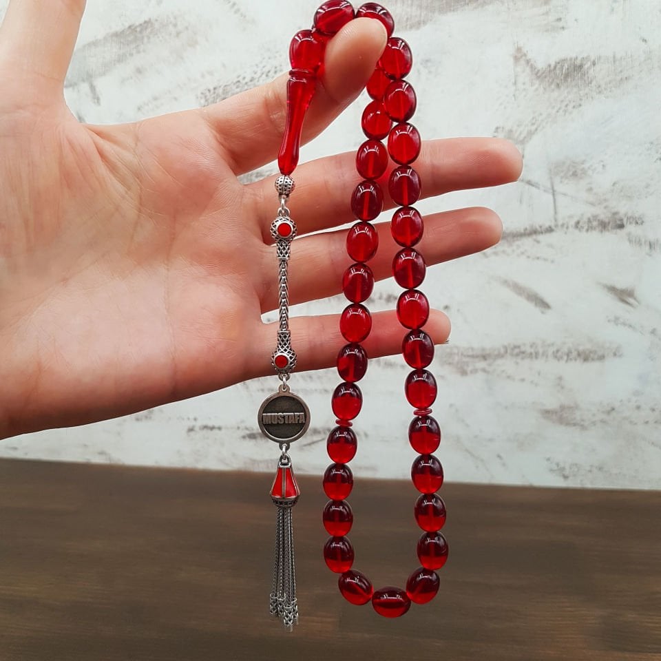 Gümüş İsimli Kırmızı Blok Zar Kehribar Tesbih