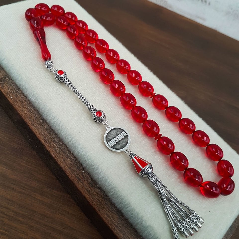 Gümüş İsimli Kırmızı Blok Zar Kehribar Tesbih