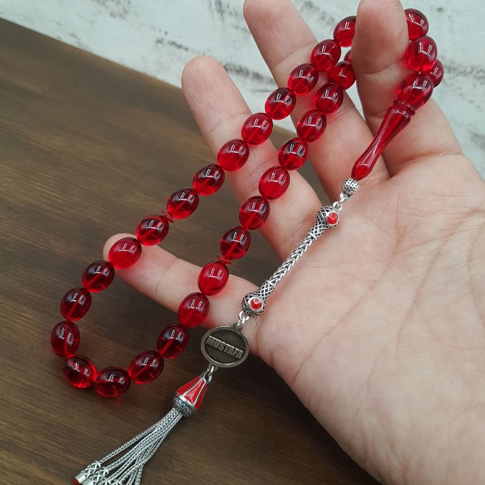 Gümüş İsimli Kırmızı Blok Zar Kehribar Tesbih
