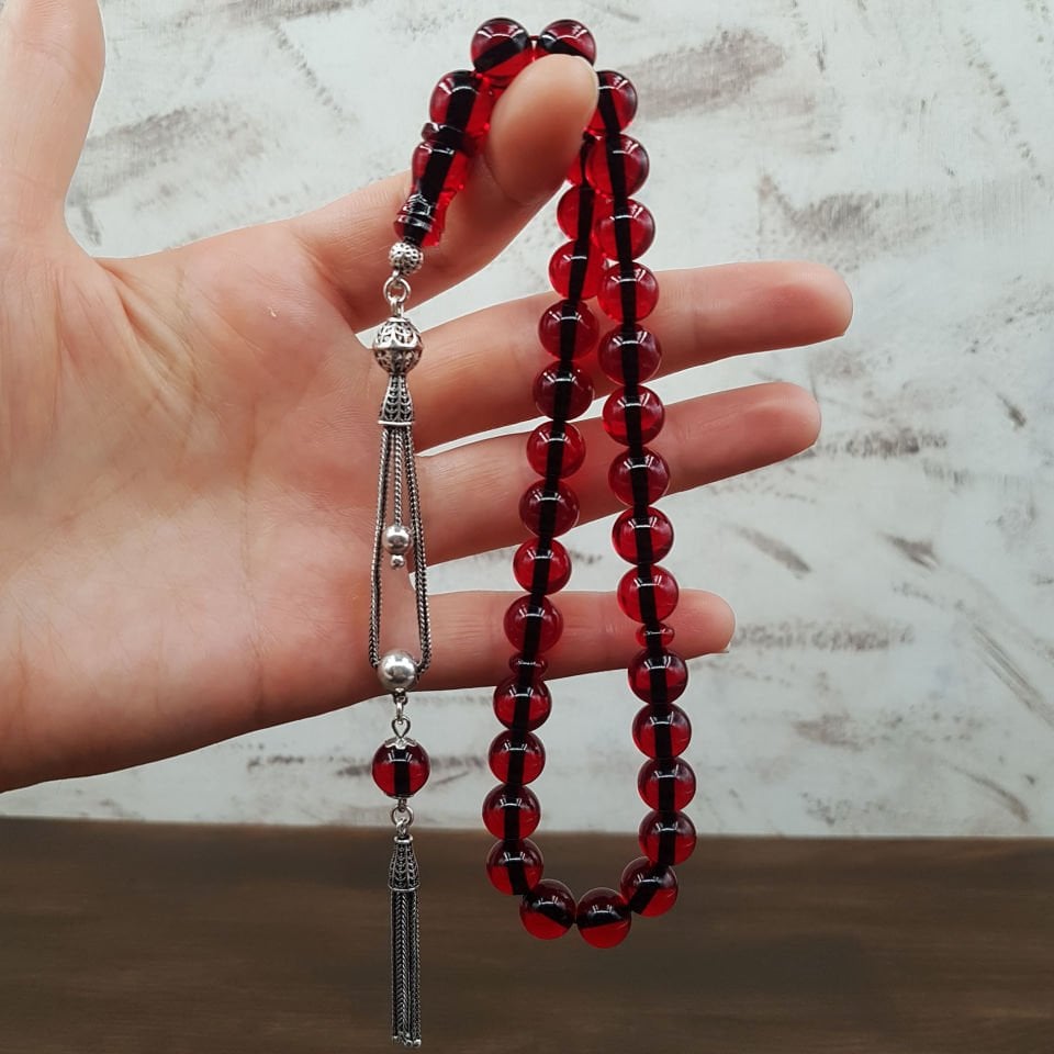 Gümüş Püskül Kırmızı Küre Ateş Kehribar Tesbih