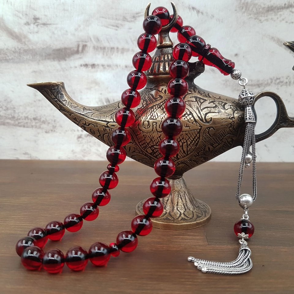 Gümüş Püskül Kırmızı Küre Ateş Kehribar Tesbih
