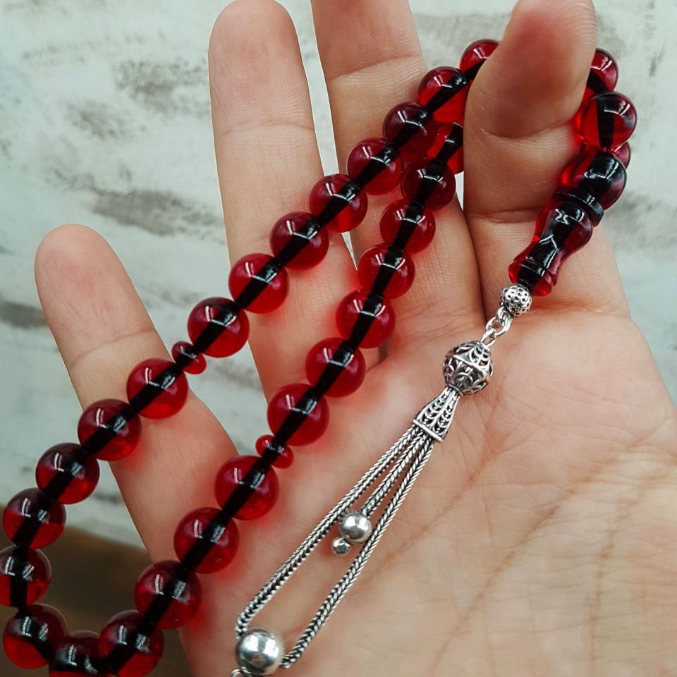Gümüş Püskül Kırmızı Küre Ateş Kehribar Tesbih