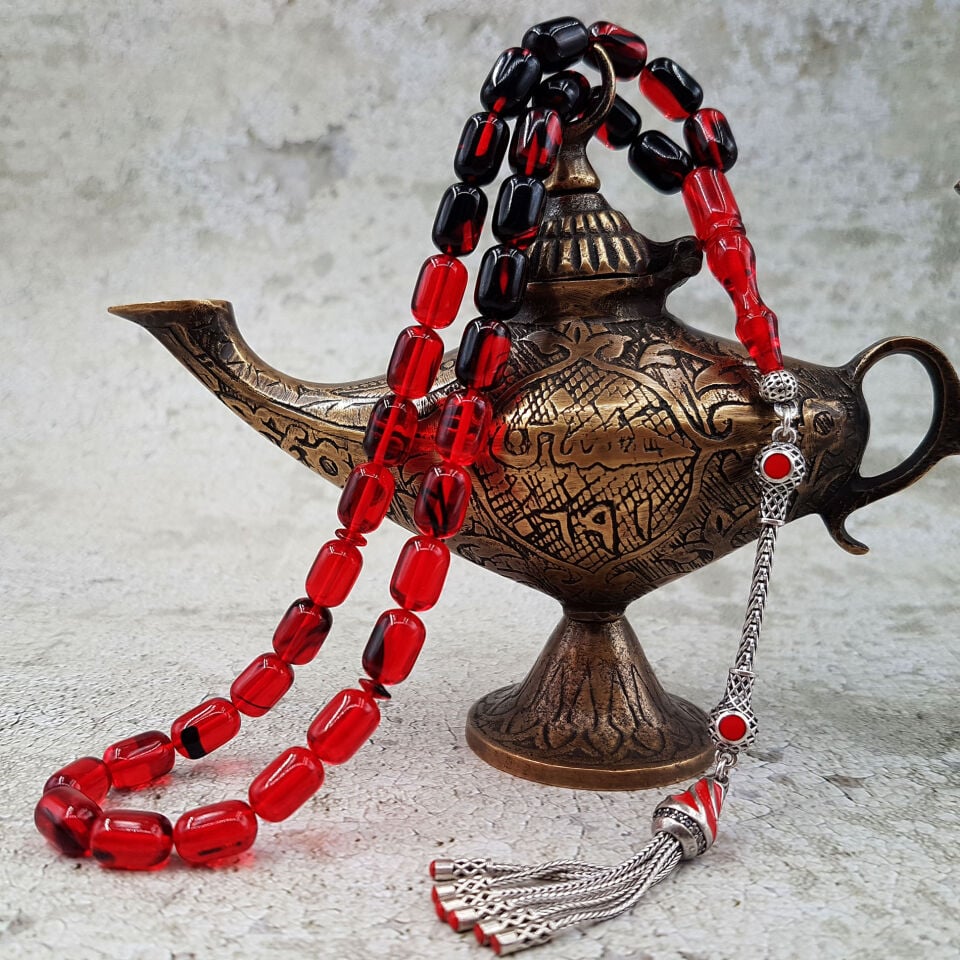 Gümüş Püskül Kırmızı Siyah Ateş Kehribar Tesbih
