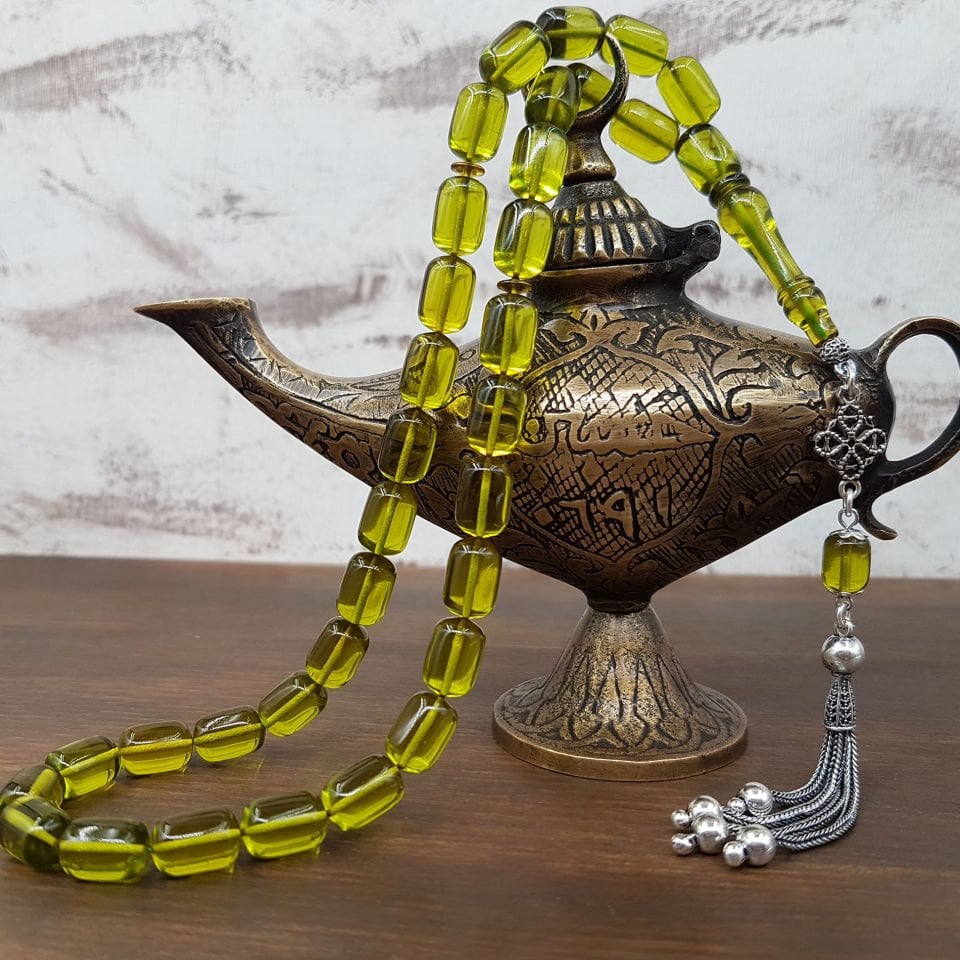 Gümüş Püskül Fıstık Yeşili Ateş Kehribar Tesbih