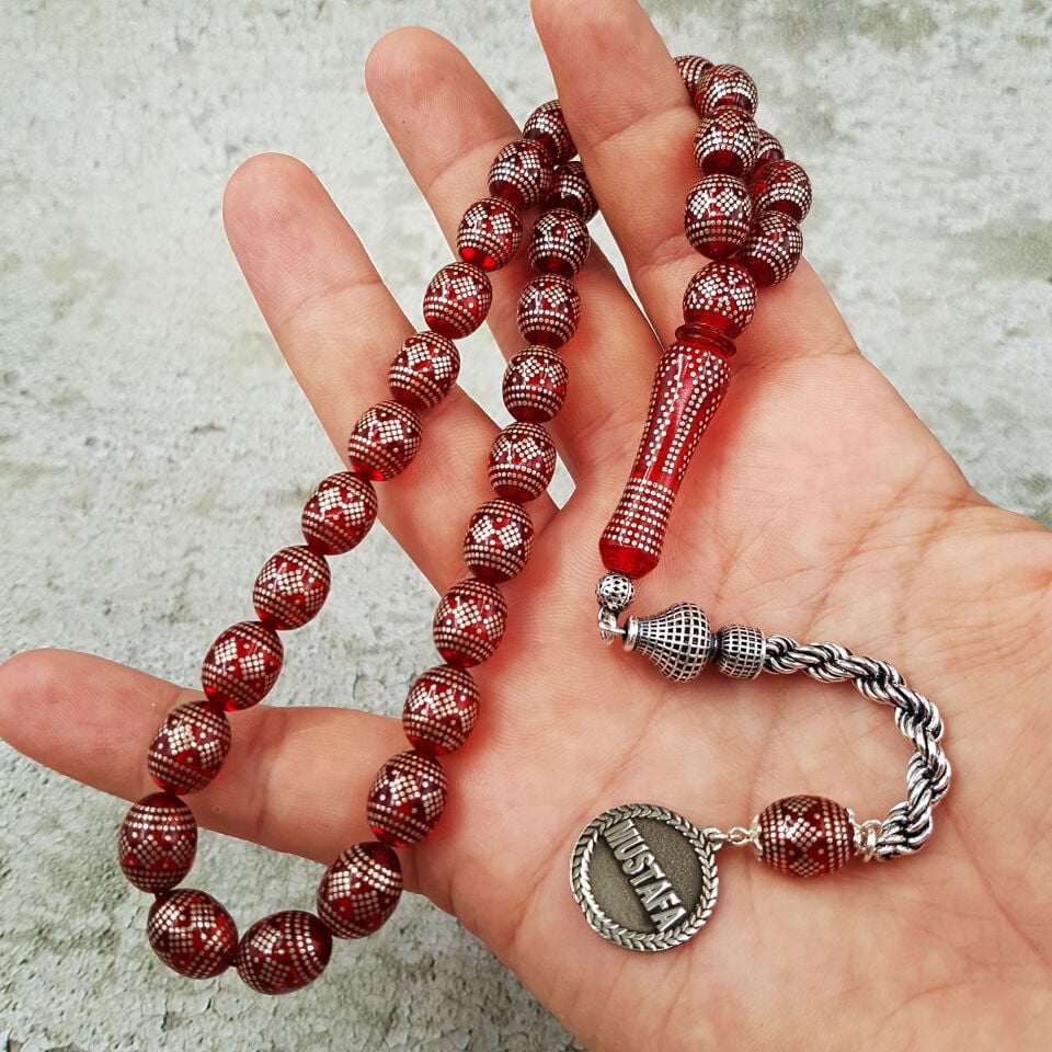 Kişiye Özel İsimli Gümüş İşlemeli Ateş Kehribar Tesbih