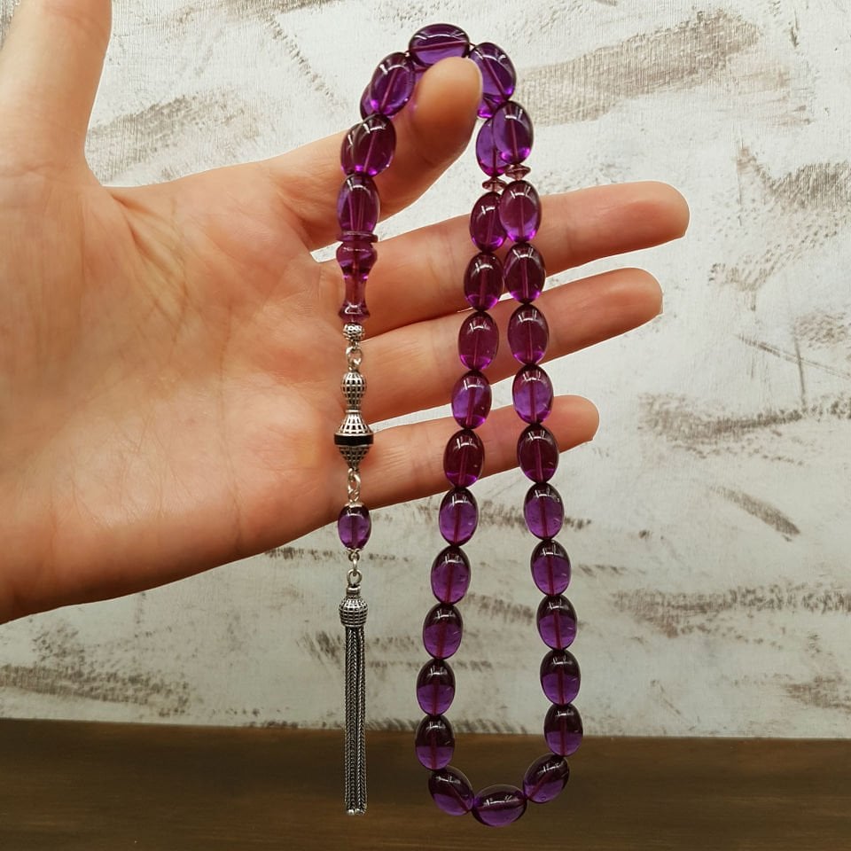 Gümüş Püskül Mor Ateş Kehribar Tesbih