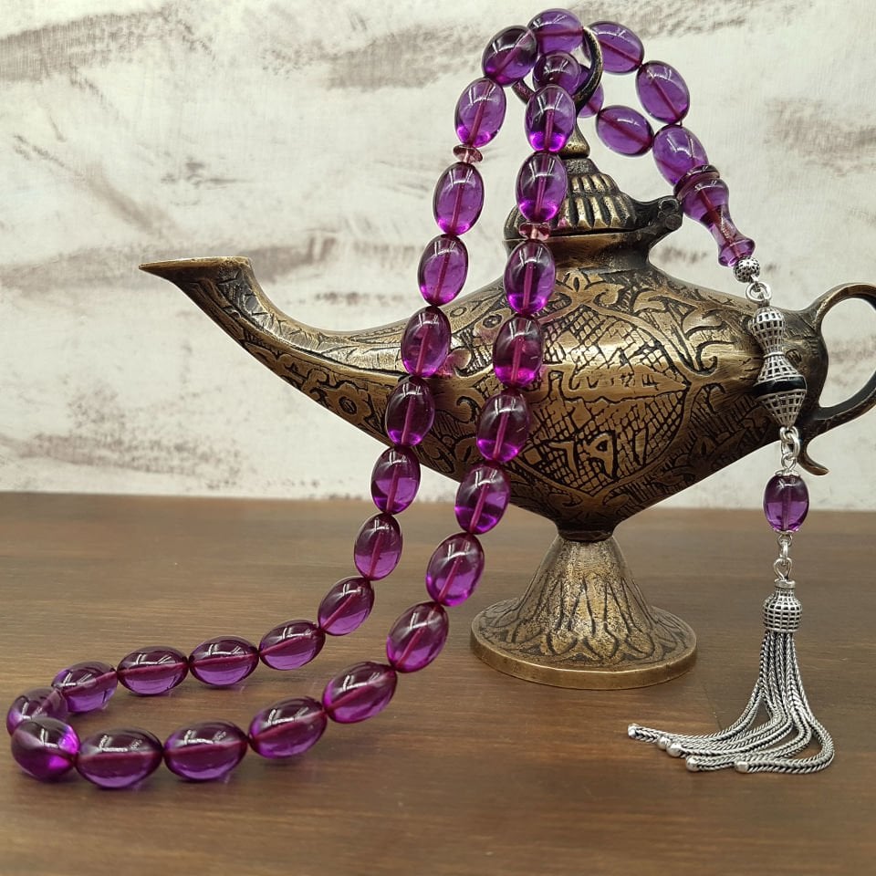 Gümüş Püskül Mor Ateş Kehribar Tesbih