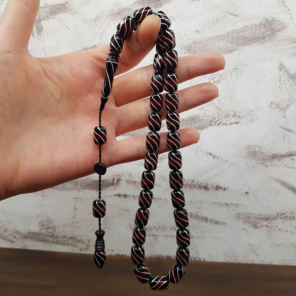 Bordo Gümüş İşlemeli Kapsül Erzurum Oltu Tesbih
