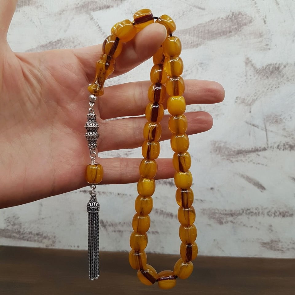 Gümüş Püskül Hareli Fıçı Sıkma Kehribar Tesbih