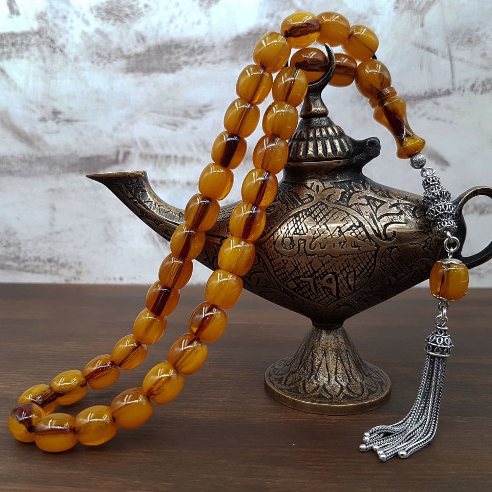 Gümüş Püskül Hareli Fıçı Sıkma Kehribar Tesbih