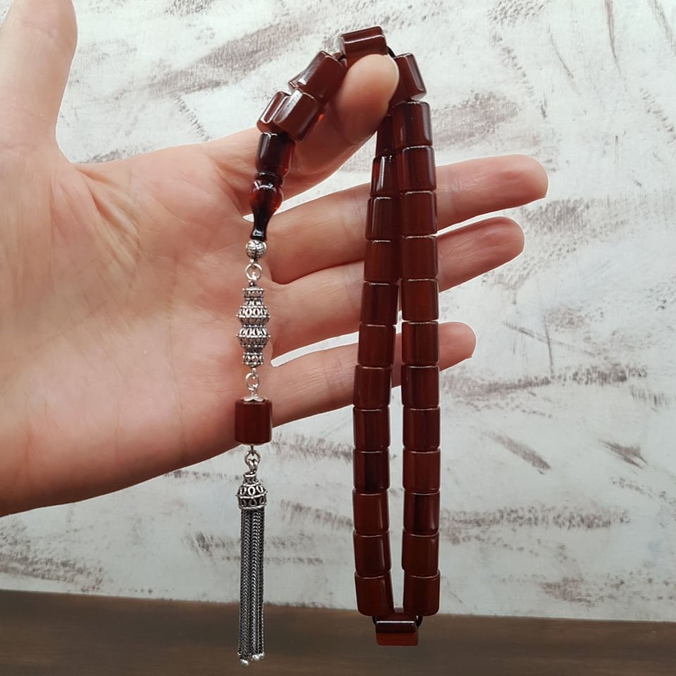 Gümüş Püskül Kahve Oval Kesme Sıkma Kehribar