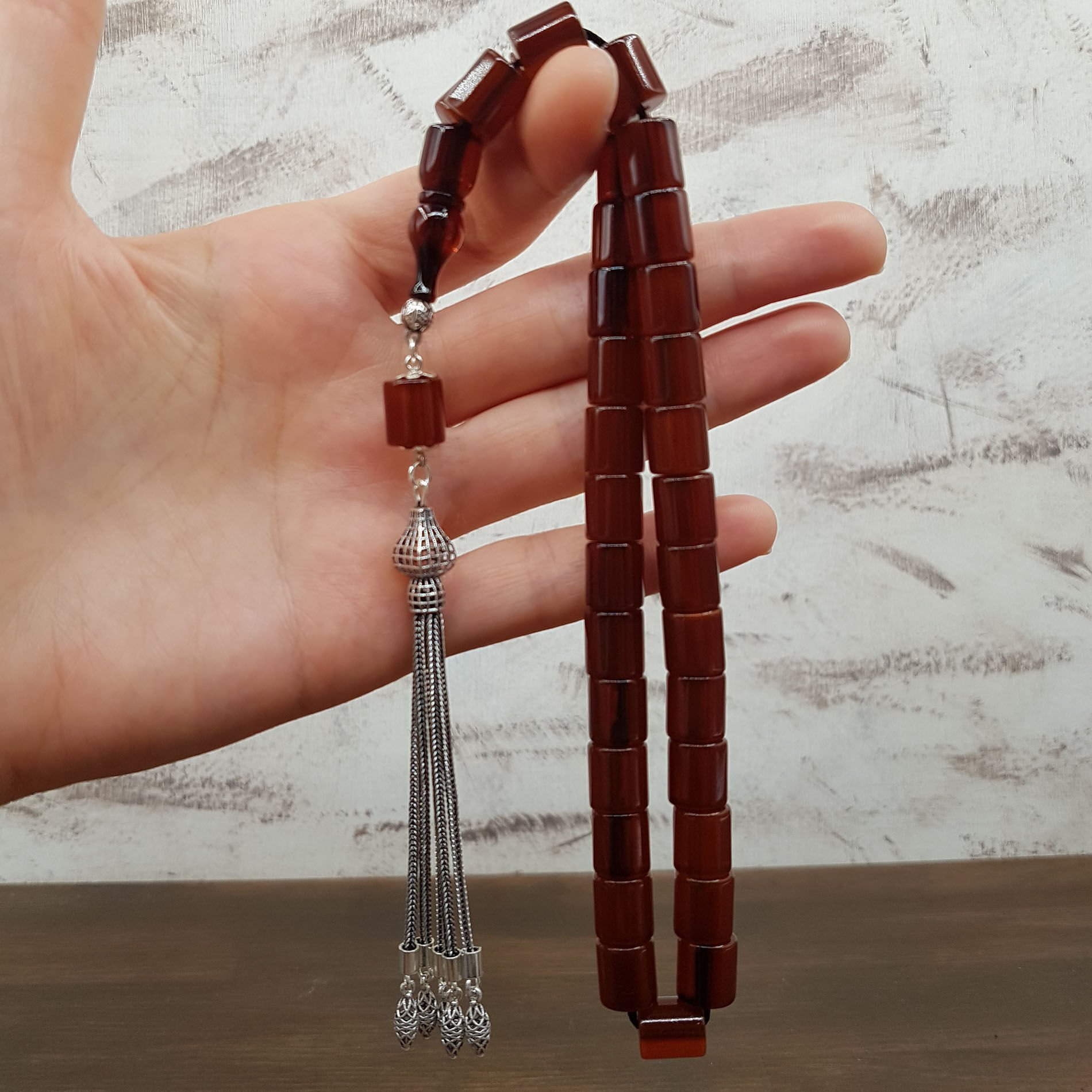 Gümüş Püskül Kahve Oval Kesme Sıkma Kehribar