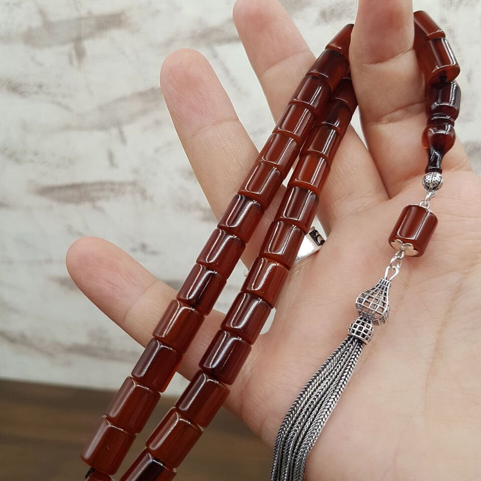 Gümüş Püskül Kahve Oval Kesme Sıkma Kehribar