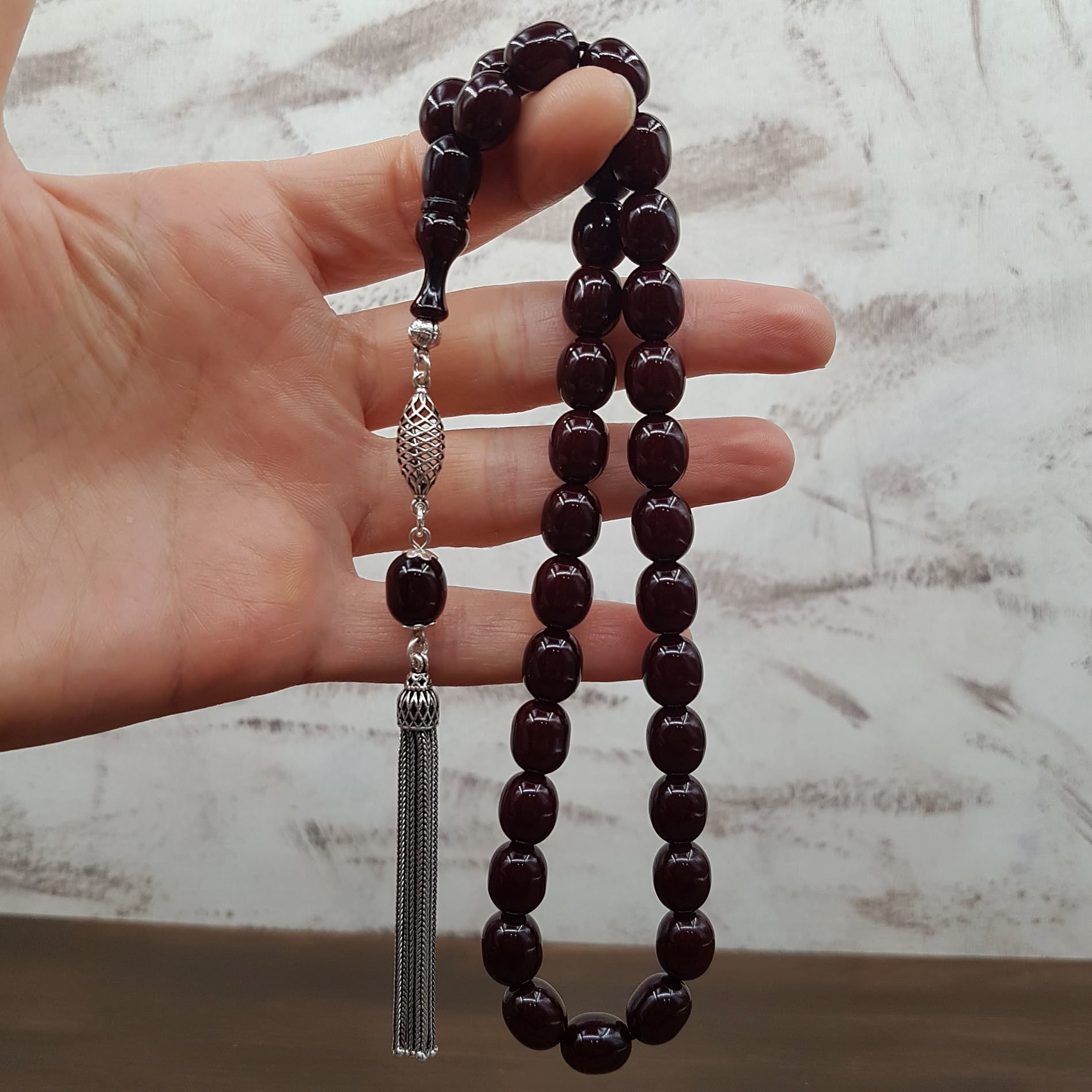 Gümüş Püskül Bordo Beyzi Sıkma Kehribar Tesbih