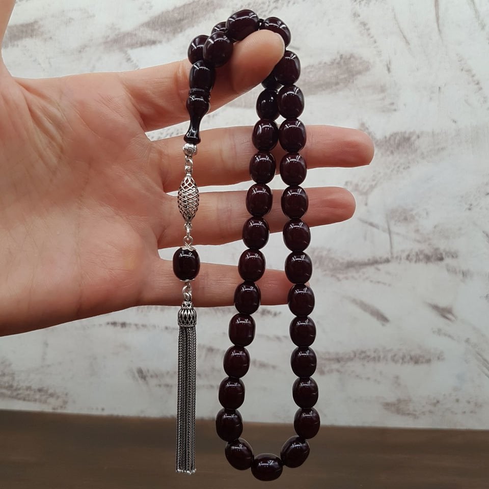 Gümüş Püskül Bordo Beyzi Sıkma Kehribar Tesbih