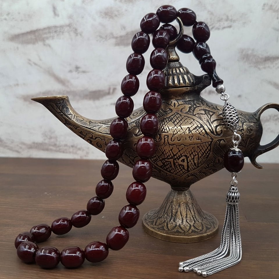 Gümüş Püskül Bordo Beyzi Sıkma Kehribar Tesbih
