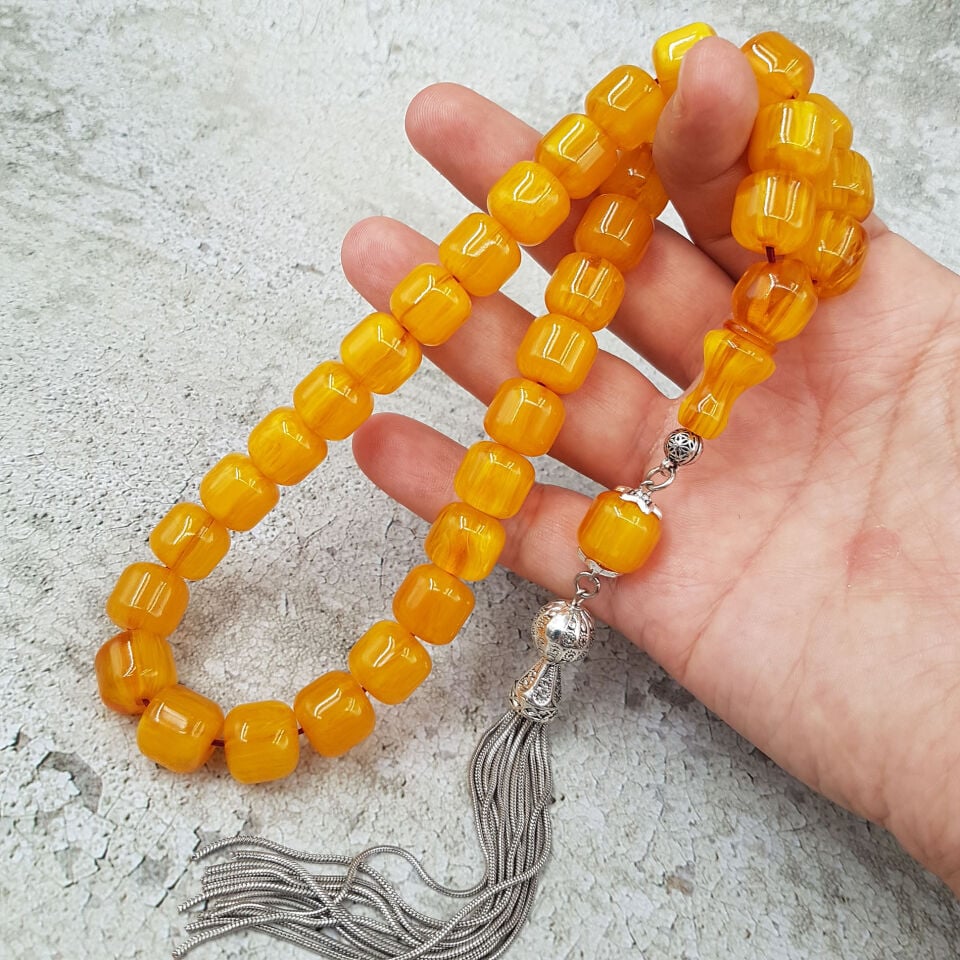 Büyük Boy  Sarı Teker Sıkma Kehribar Tesbih