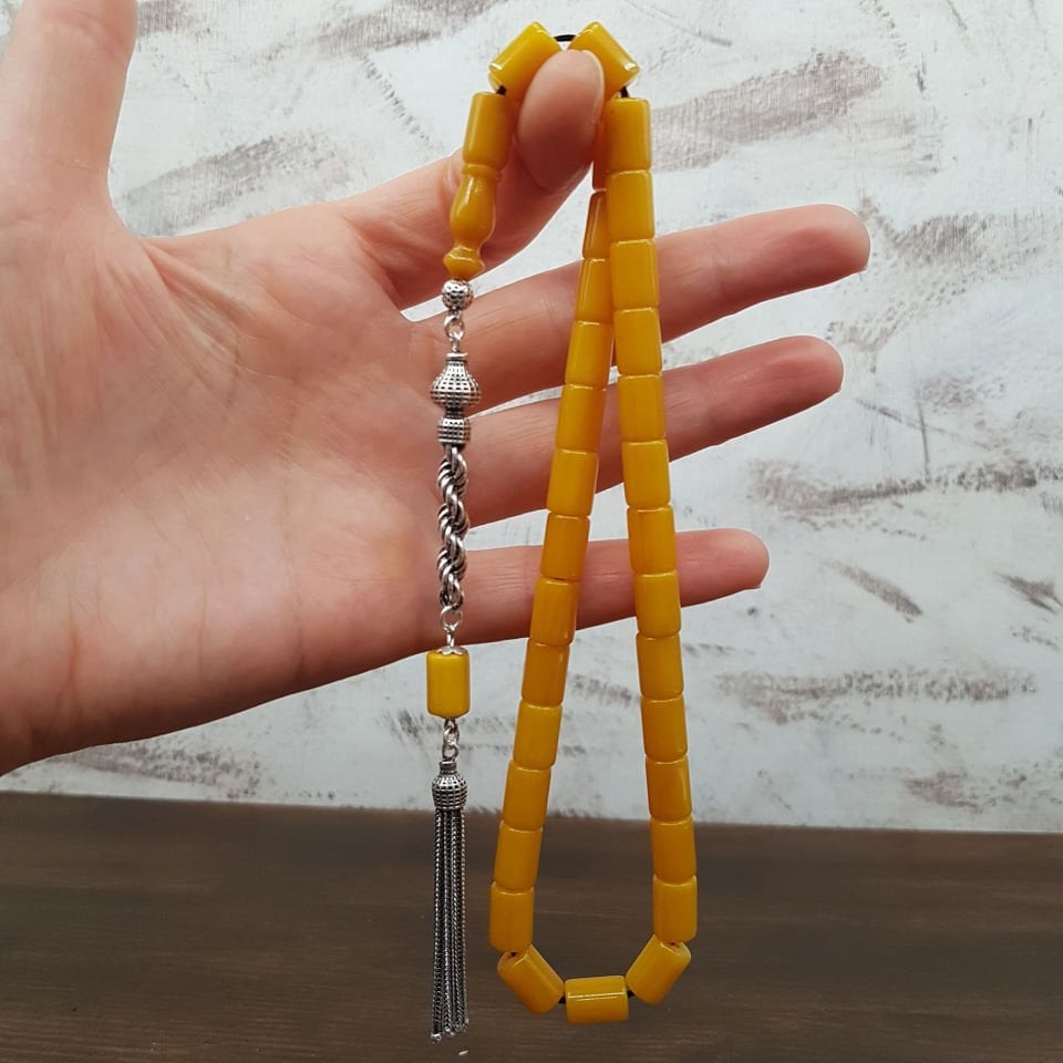 Gümüş Püskül Sarı Oval Kesme Sıkma Kehribar
