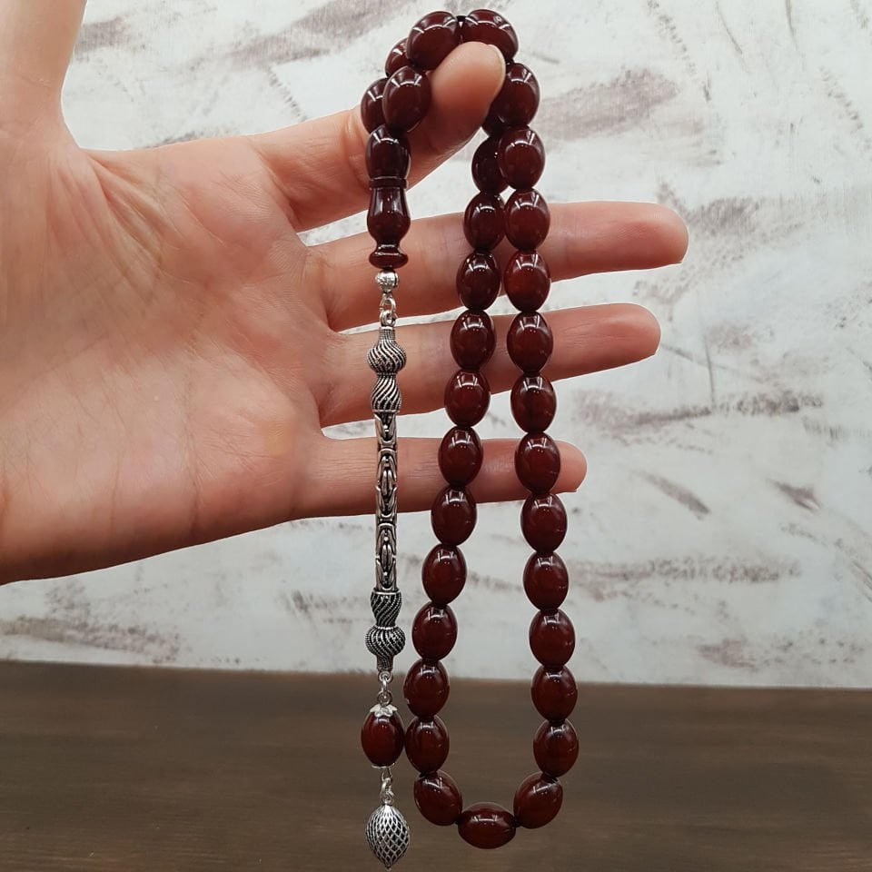 Gümüş Püskül Arpa Kesim Sıkma Kehribar Tesbih