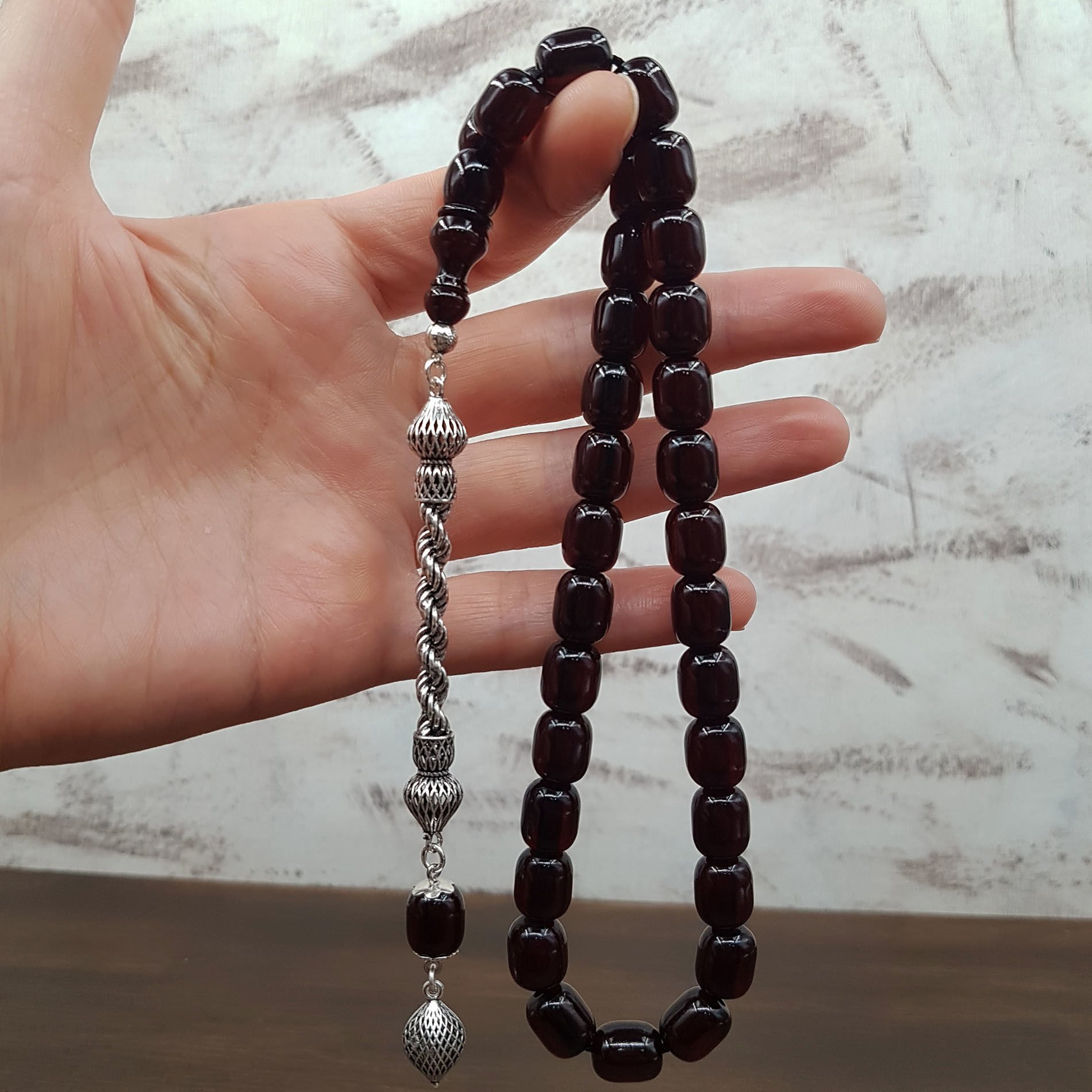 Gümüş Püskül Koyu Kahve Kapsül Kesim Sıkma Kehribar