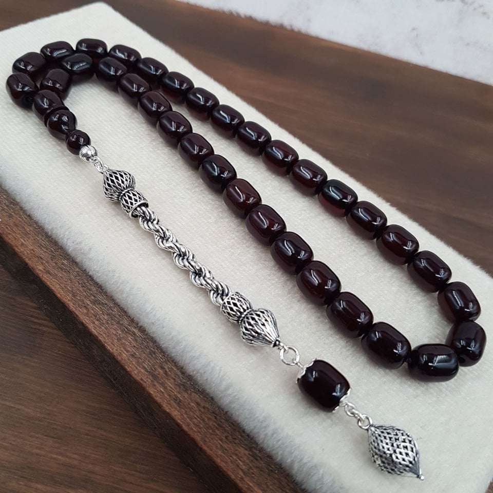 Gümüş Püskül Koyu Kahve Kapsül Kesim Sıkma Kehribar