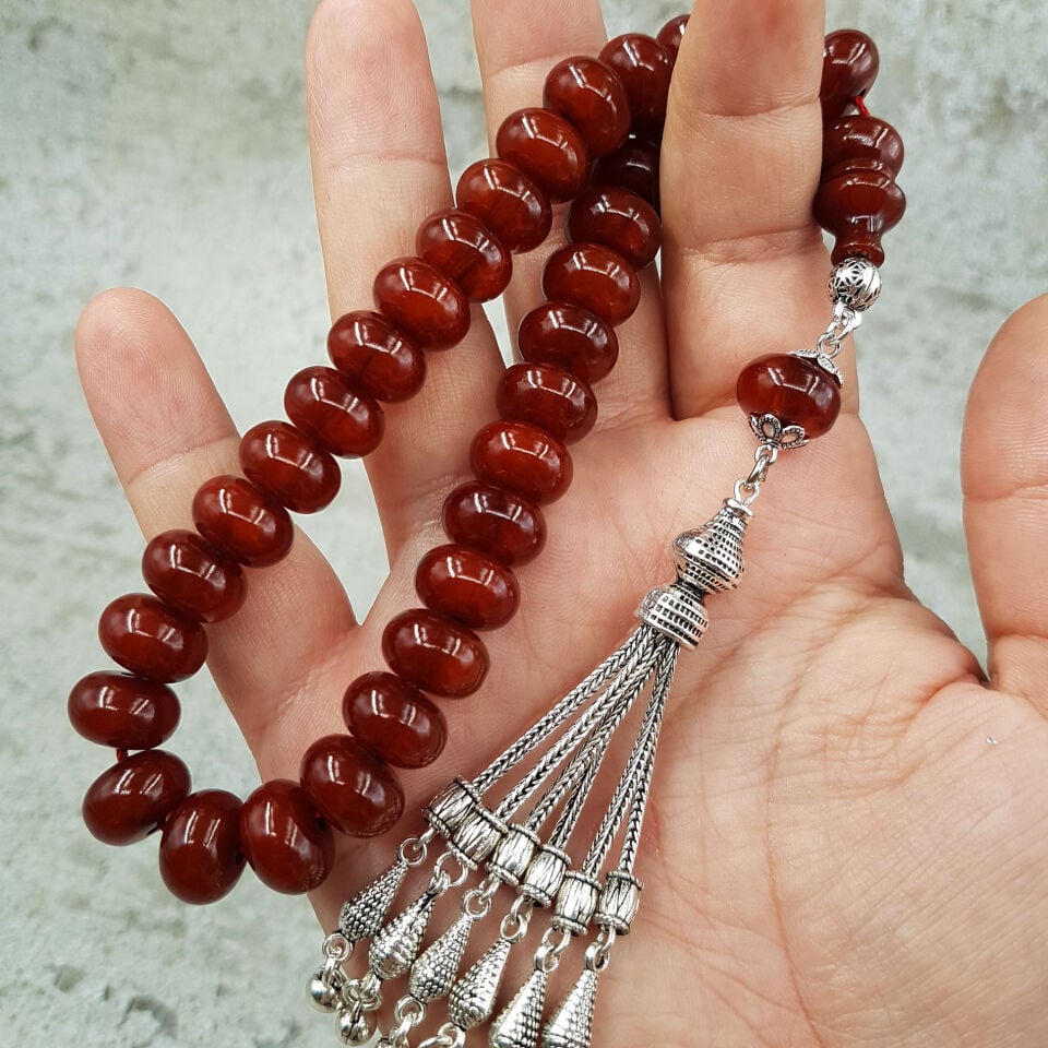 Kahverengi Teker Kesim Sıkma Kehribar Tesbih