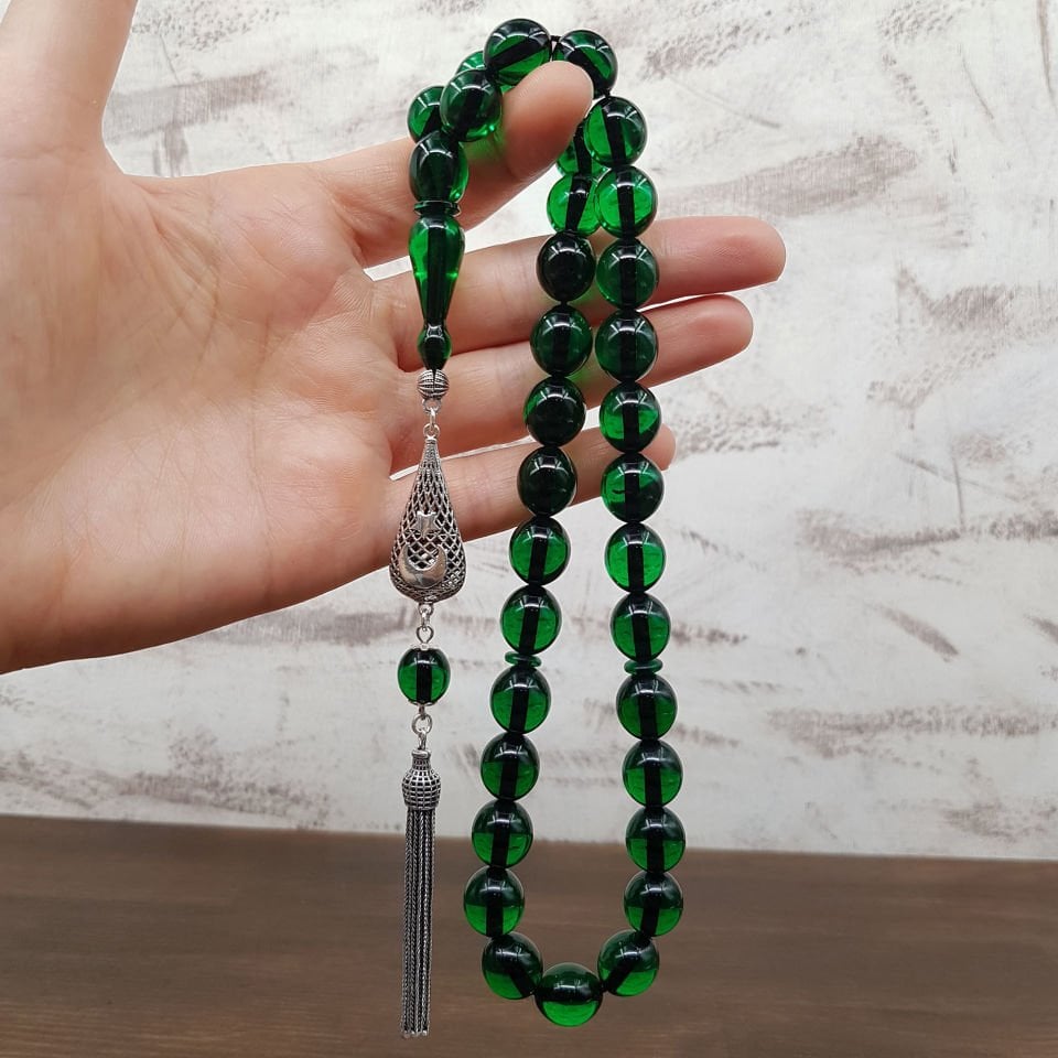 Büyük Boy Gümüş Püskül Yeşil Ateş Kehribar Tesbih
