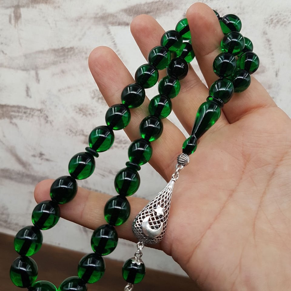 Büyük Boy Gümüş Püskül Yeşil Ateş Kehribar Tesbih