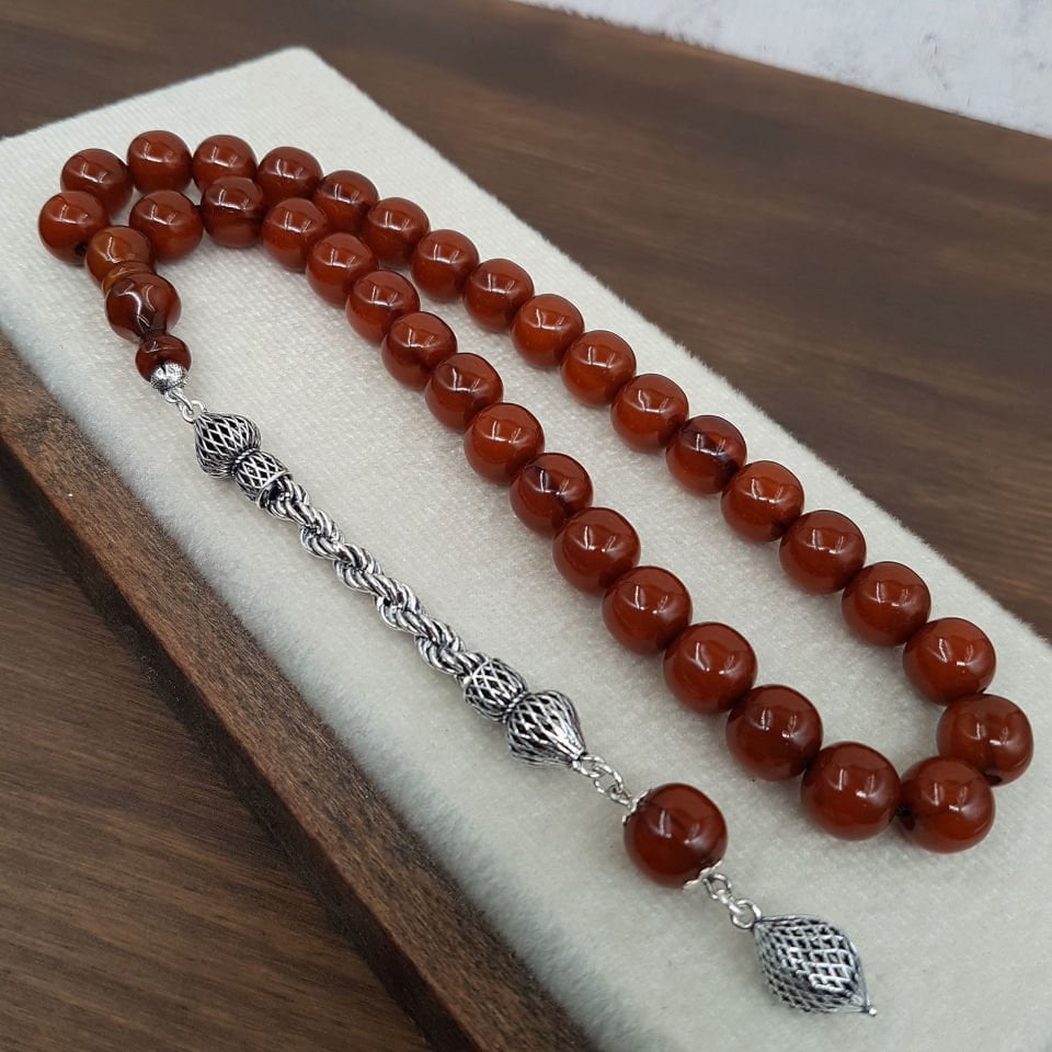 Gümüş Püskül Kahverengi Sıkma Kehribar Tesbih