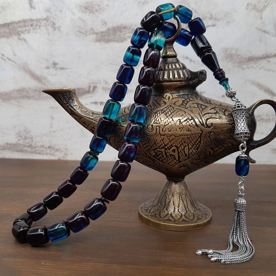 Gümüş Püskül Mavi Hareli Ateş Kehribar Tesbih