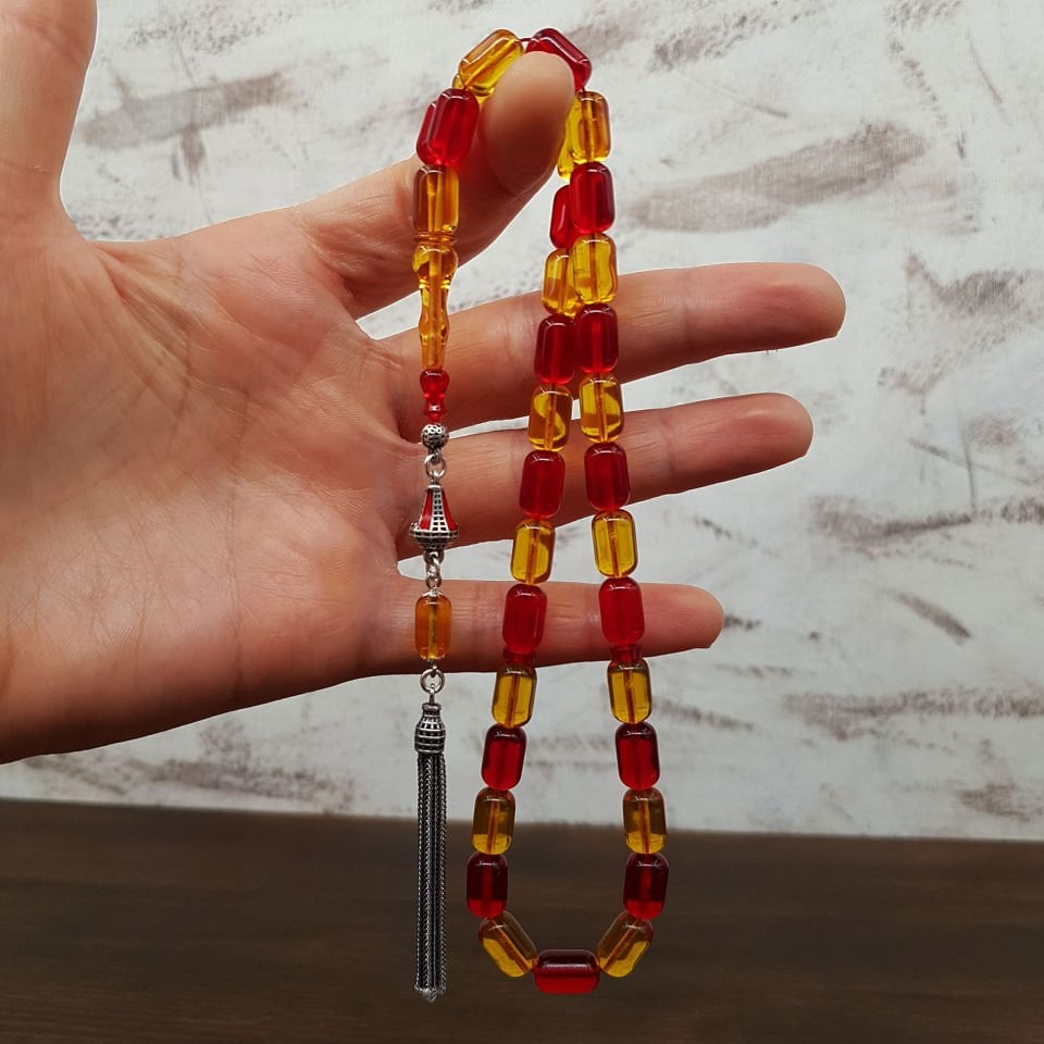 Gümüş Püskül Sarı Kırmızı Ateş Kehribar Tesbih