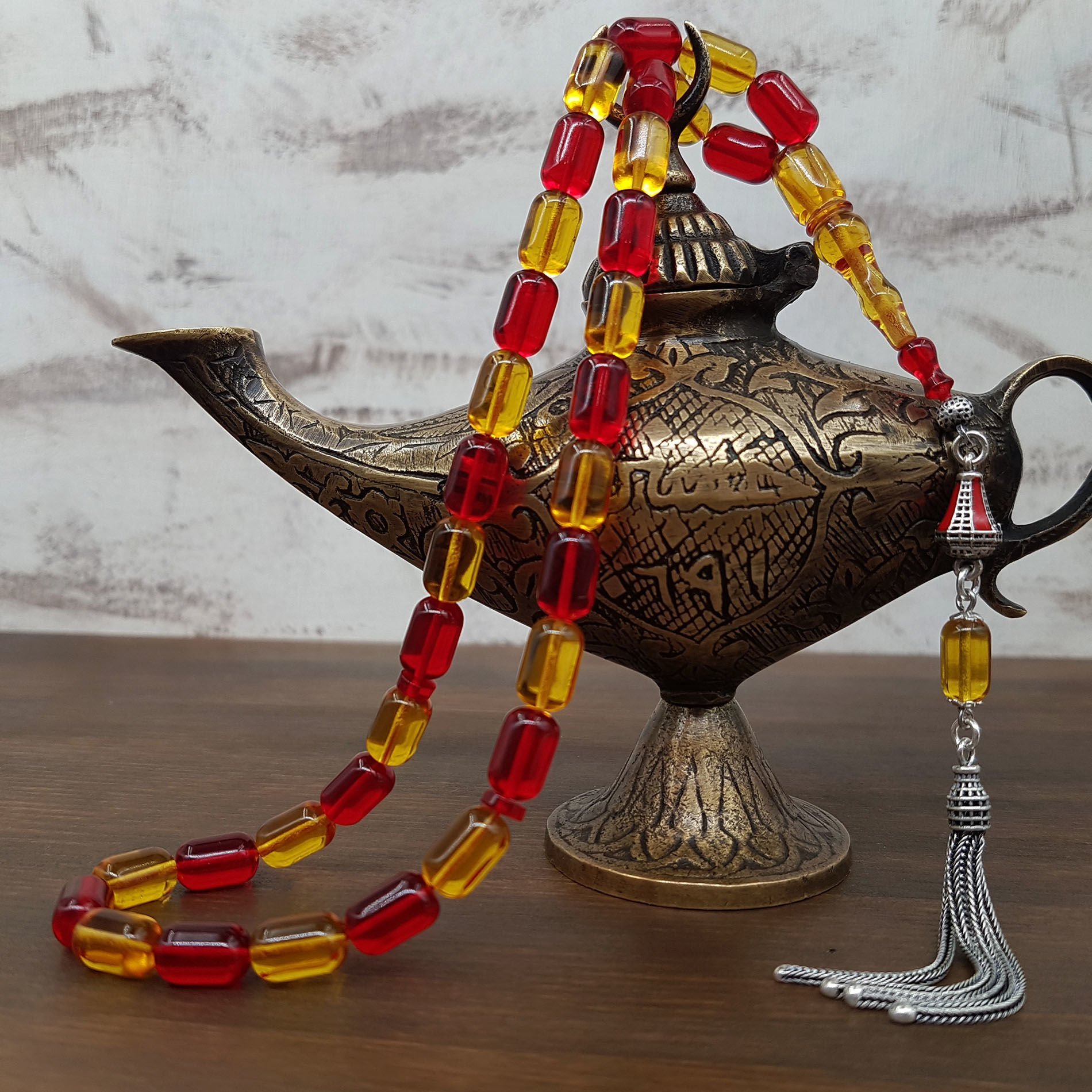 Gümüş Püskül Sarı Kırmızı Ateş Kehribar Tesbih