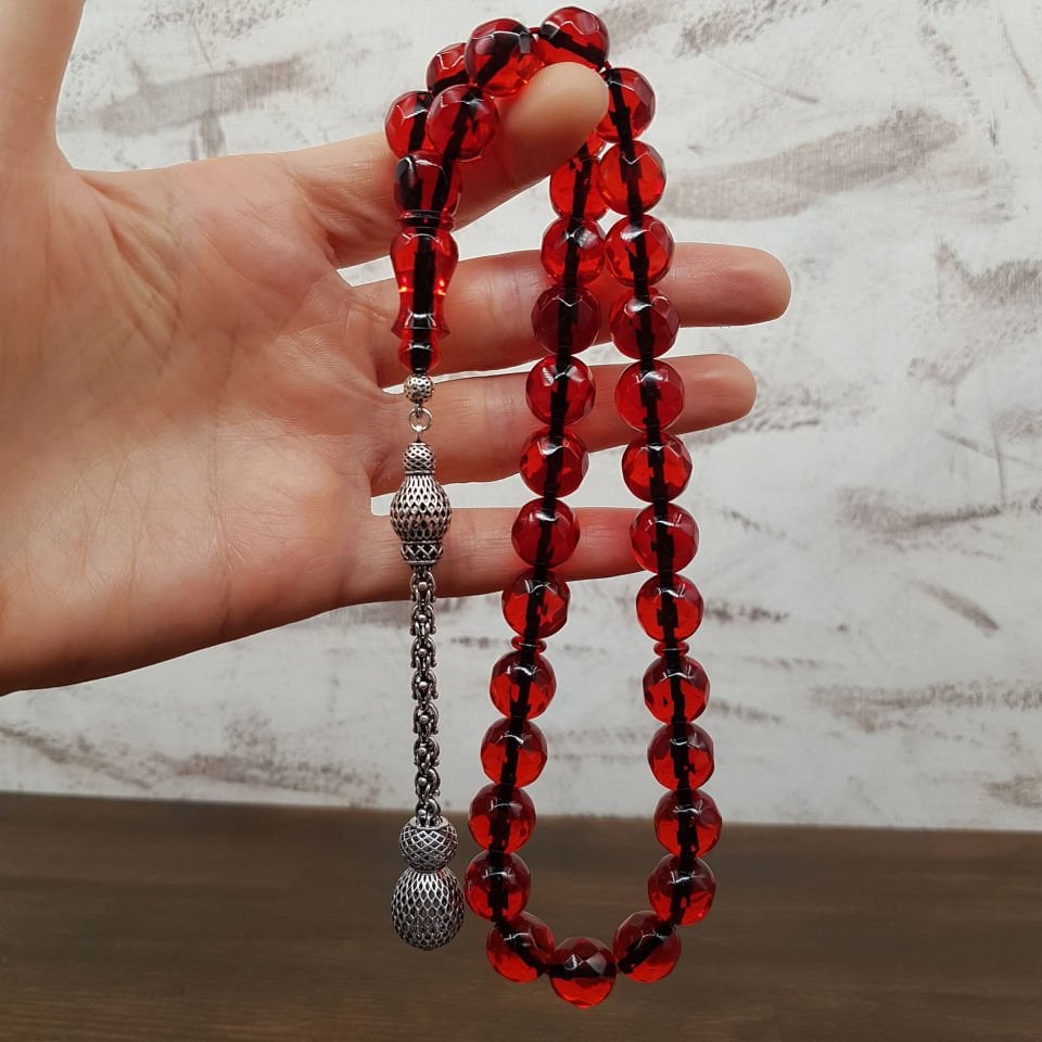 Büyük Boy Faseta Kesim Ateş Kehribar Tesbih