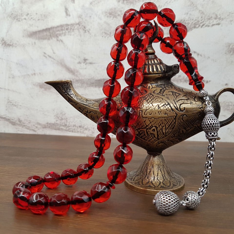 Büyük Boy Faseta Kesim Ateş Kehribar Tesbih