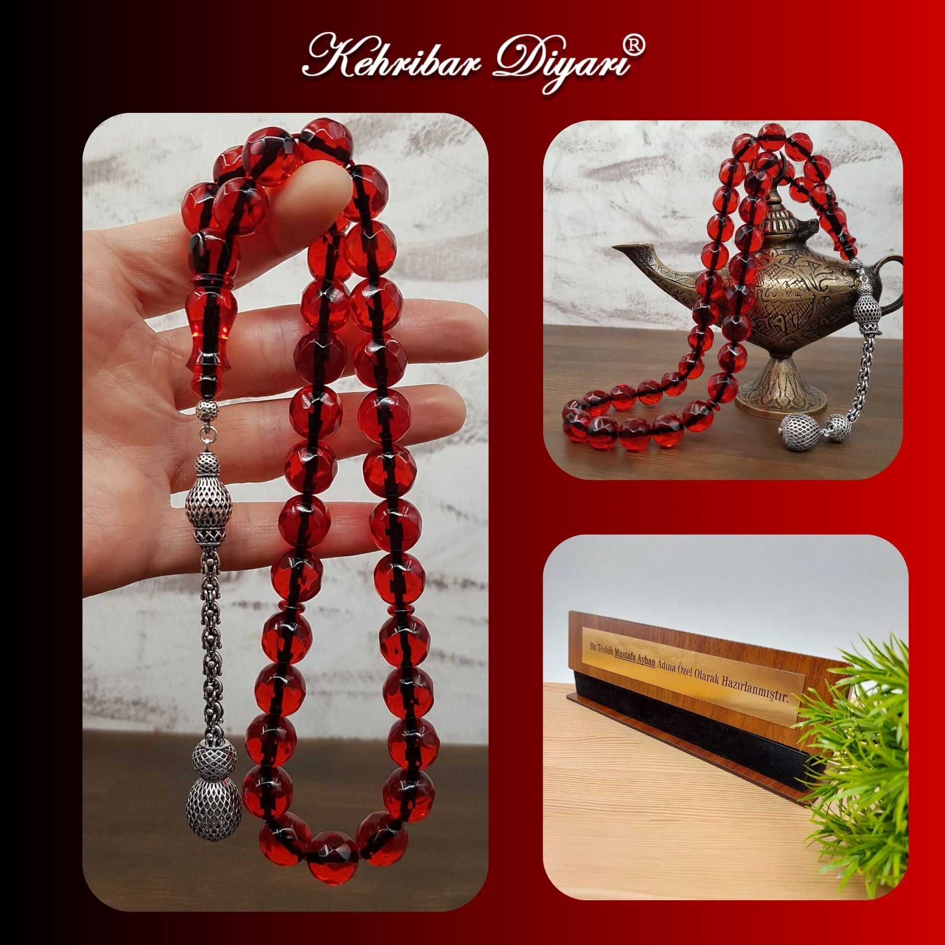 Büyük Boy Faseta Kesim Ateş Kehribar Tesbih
