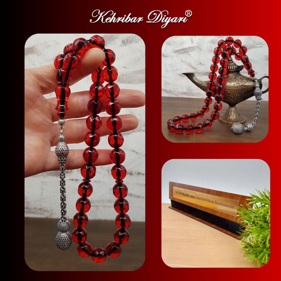 Büyük Boy Faseta Kesim Ateş Kehribar Tesbih