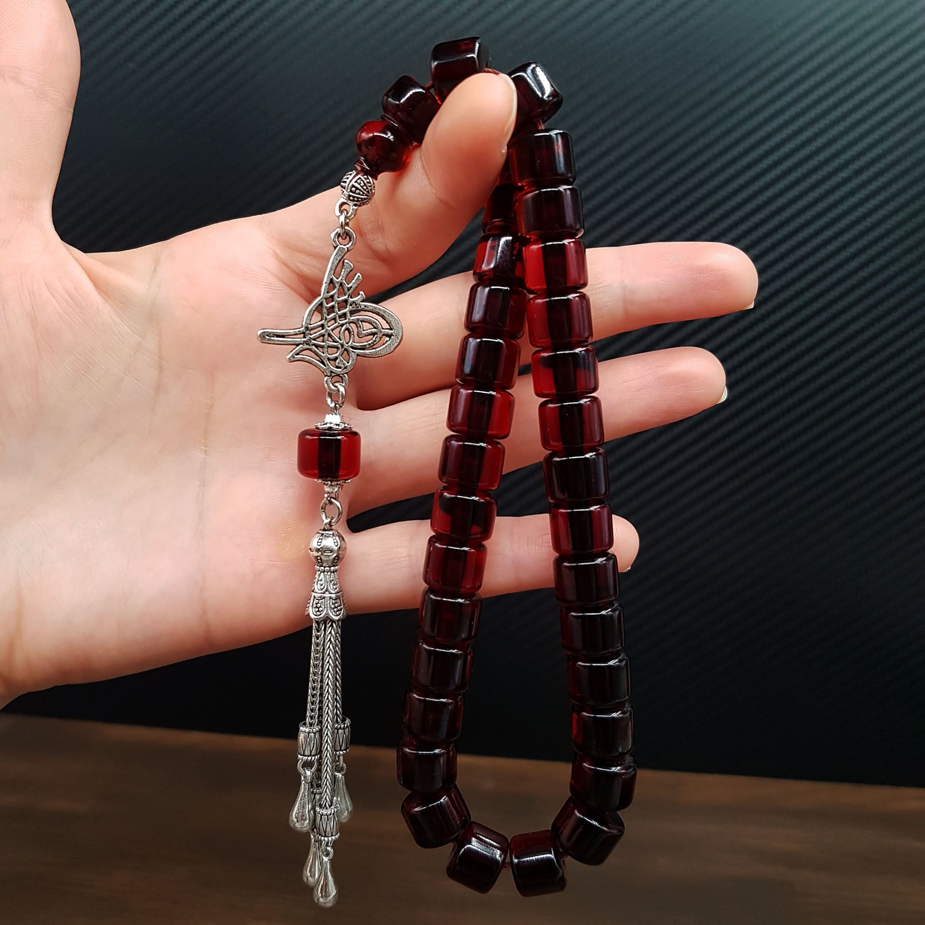 Osmanlı Tuğralı Teker Sıkma Kehribar Tesbih