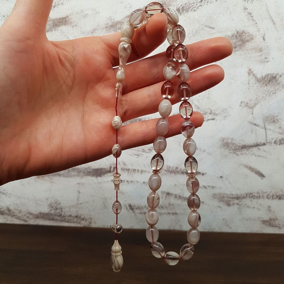 Usta İmzalı Beyaz Hareli Sıkma Kehribar Tesbih