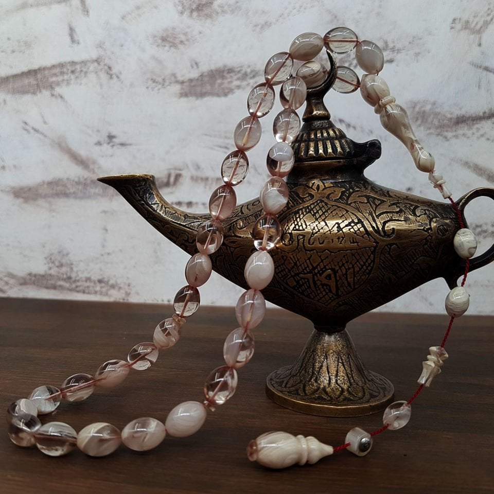 Usta İmzalı Beyaz Hareli Sıkma Kehribar Tesbih