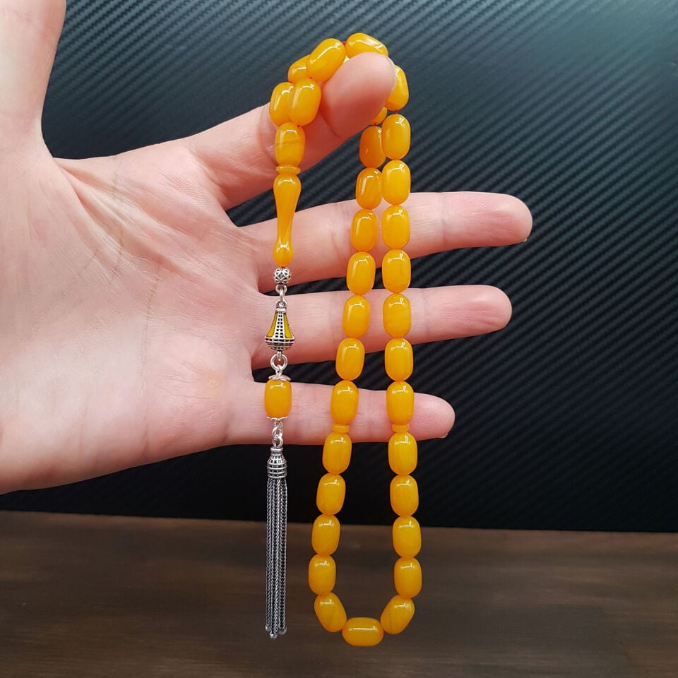 Gümüş Püskül Sarı Kapsül Sıkma Kehribar Tesbih