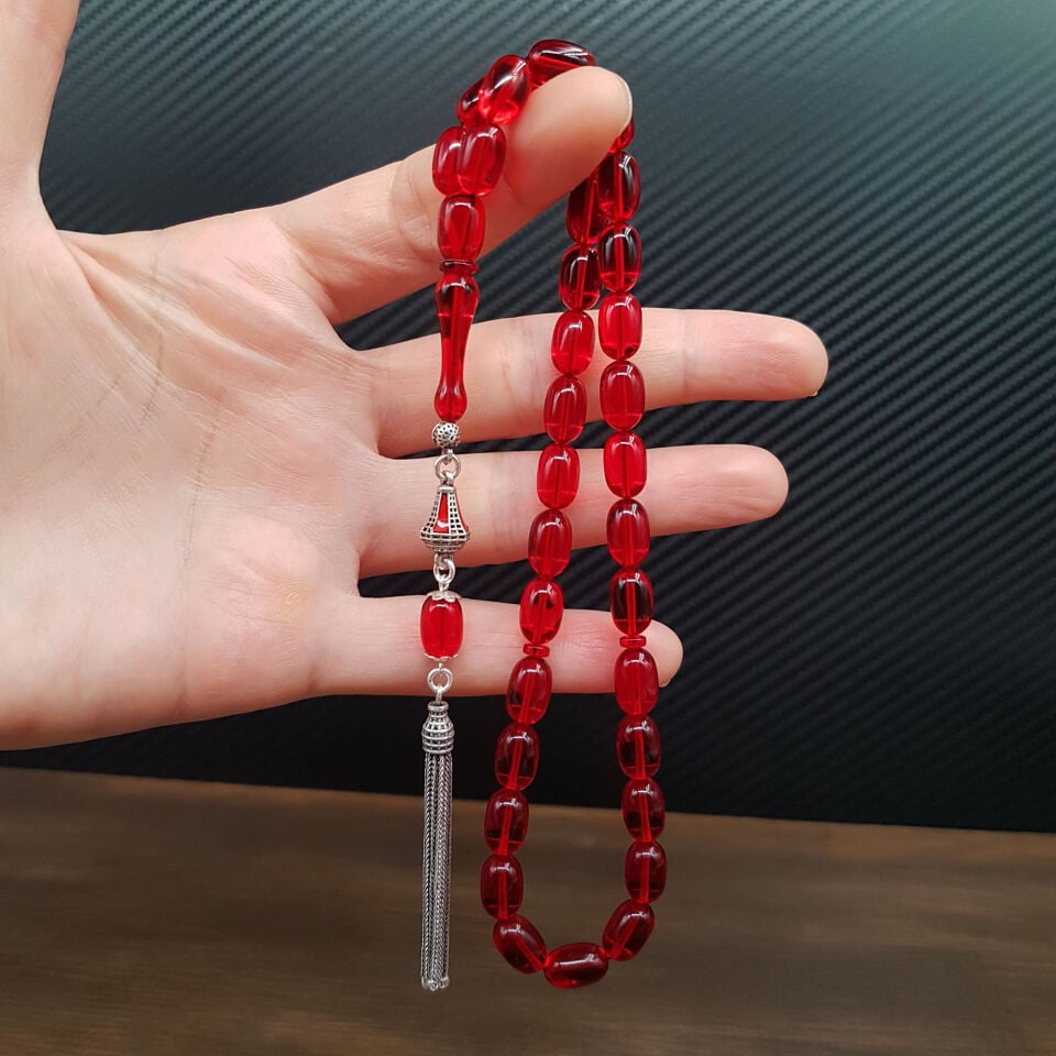 Gümüş Püskül Kırmızı Kapsül Ateş Kehribar Tesbih
