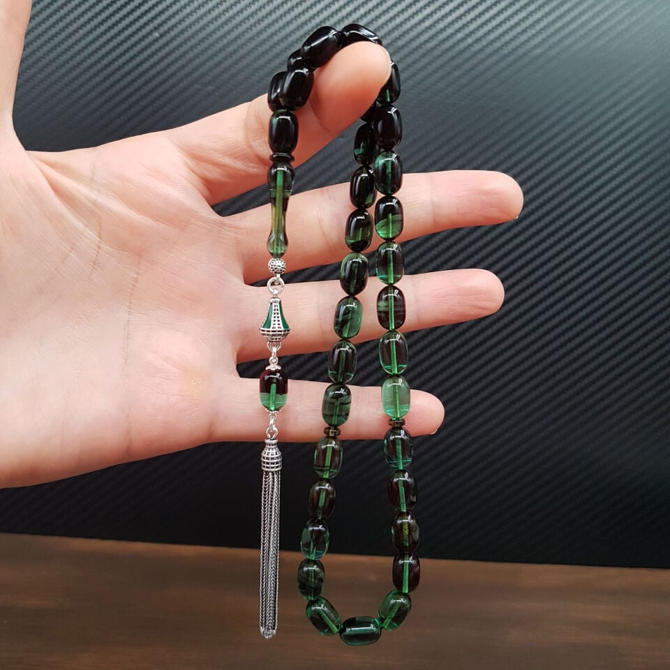 Gümüş Püskül Yeşil Siyah Ateş Kehribar Tesbih