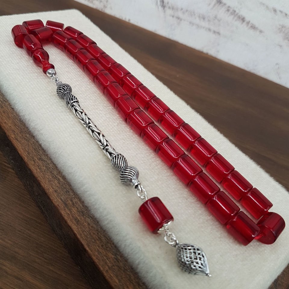 Gümüş Püskül Kırmızı Oval Kesme Ateş Kehribar