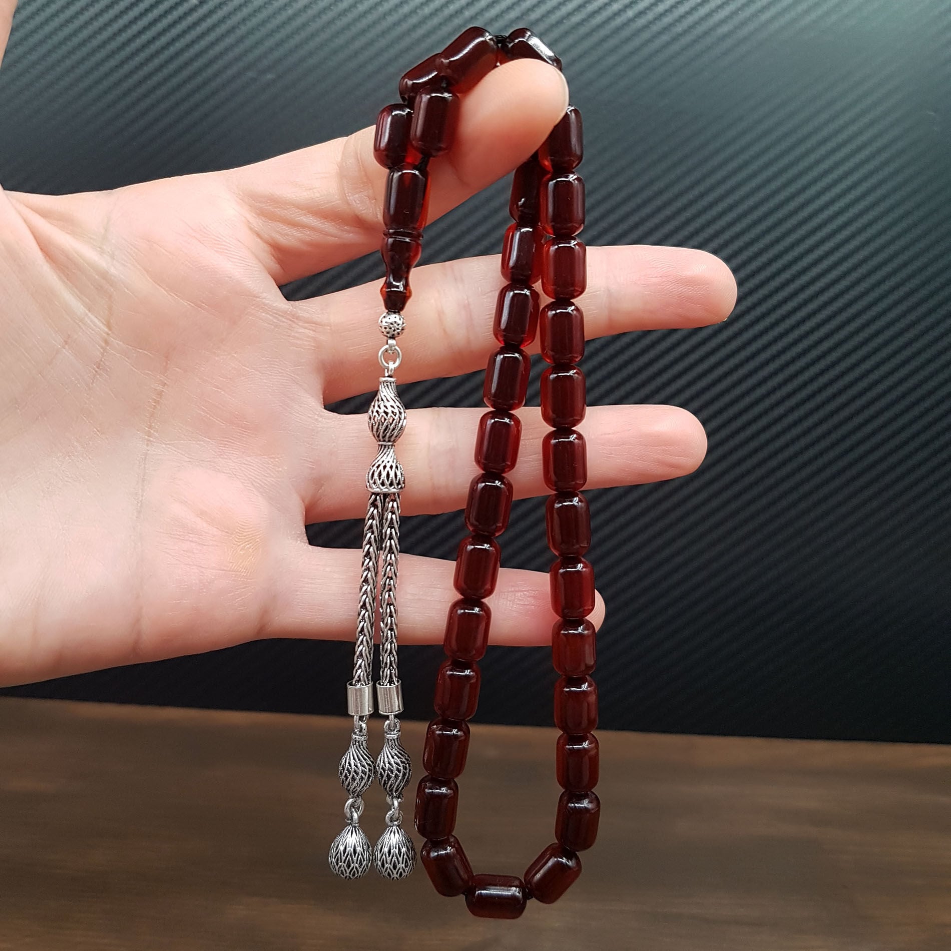 Cift Kamçı Gümüş Püskülü Kapsül Sıkma Kehribar